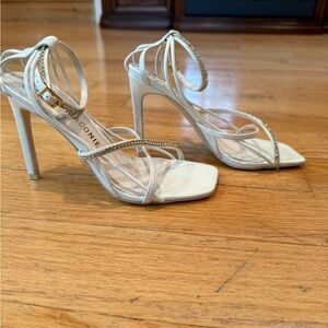 Kat Maconie white and silver rhinestone strappy heels